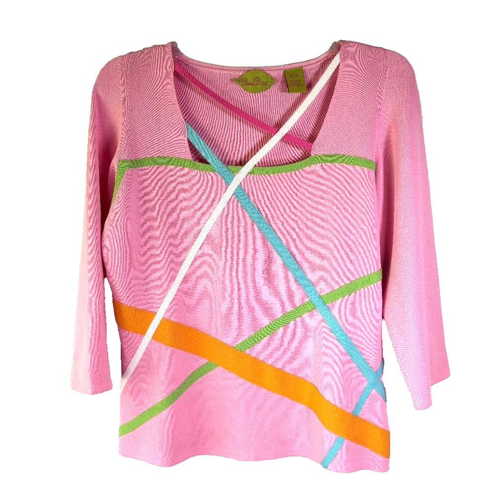 Prima Bella Sweater‎ Pink Women's Size L Square neck 3/4 sleeve Preppy